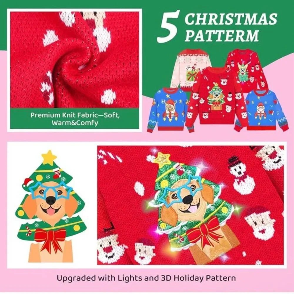 Unisex Kids Light Up Ugly Christmas Sweater  Funny Holiday Pullover - Cute NWT
